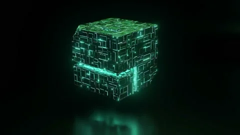 The rotation of a sci-fi cube with neon glowing elements. Abstract 3d animation. Stock Footage 227193323