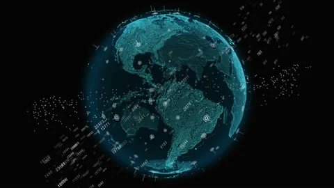 Rotation of the shining planet Earth with particles and numbers.Abstract and Stock Footage 169339731