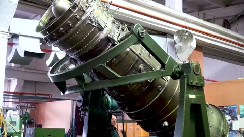 Rotation of slipway with engine.  Workshop for repairing aircraft engines. Stock Footage 132340858