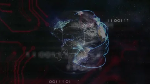 Rotation starting Earth glowing with network arcs while skull overlay emerging Stock Footage 311083566