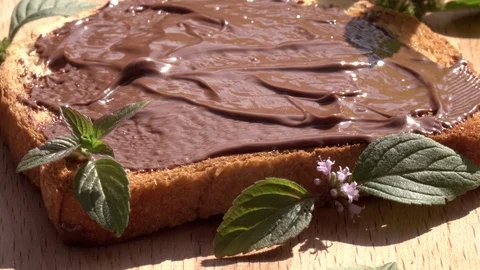Rotation to stop of single white bread slice with chocolate paste and mint leaf Stock Footage 99850592