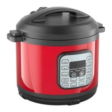 Rotes automatisches Multikochgerät, 3D-Rendering Red Automatic Multicooker.. Stock Photos