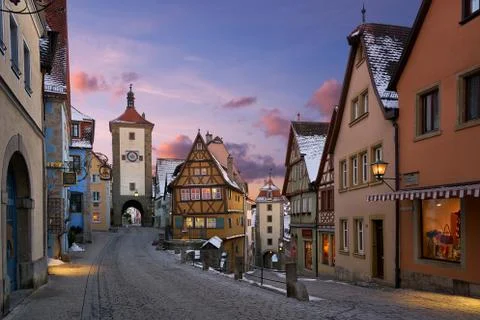 Rothenburg ob der Tauber view of traditional medieval houses at sunset Stock Photos