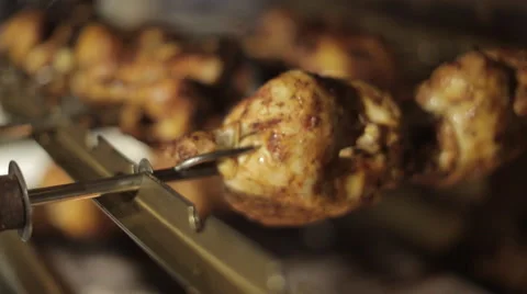 Rotisserie Chicken Cooking Over Flames Stock Footage