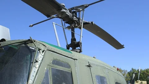 The rotor of a Bell helicopter, model UH-1H, also known as a Huey. Video stock 106101152