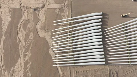 Rotor blades for a wind engines in construction (Aerial video) Stock Footage 325382344