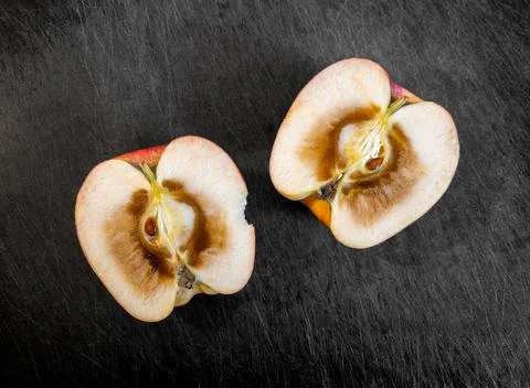 Rotten inside of an apple, cut in half and resting on top of dark cutting board. Stock Photos