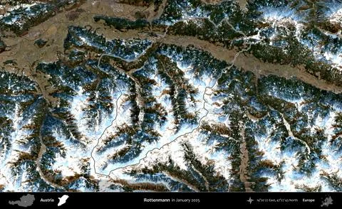 Rottenmann outlined, Austria. Sentinel-2 Mosaic. January 2025 Stock Illustration