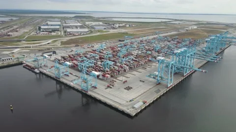 Rotterdam, 5th of July 2021, The Netherlands. Aerial drone view of container Stock Footage