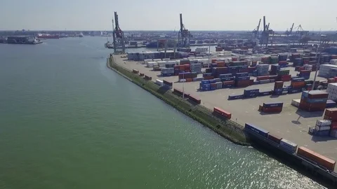Rotterdam Aerials Container yard docks and harbour cranes Stockbeeldmateriaal 72787177