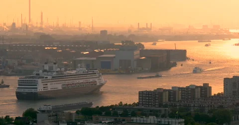Rotterdam cruise ship port Netherlands Holland city Europe boat harbor panorama Stock Footage