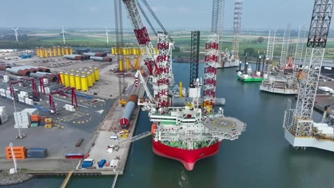 Rotterdam. Drone flight over cargo ports and a semi-submersible ship Stock Footage 317747502