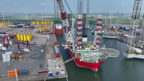 Rotterdam, Netherlands. Drone flight over industrial area with cargo ports Stock Footage 327365053