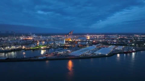 Rotterdam, Netherlands. Drone flight over industrial area with cargo ports Stock Footage 330611498