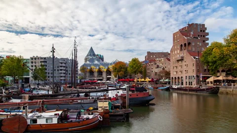 Rotterdam Oude Haven Timelapse: Cloudy Autumn Daytime Cityscape Stock Footage 241186604
