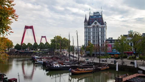 Rotterdam Oude Haven Timelapse - Daytime Cloudy Autumn Scene Stock Footage 241186973