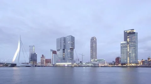 Rotterdam skyline twilight time lapse looking at Kop van Zuid Stock Footage