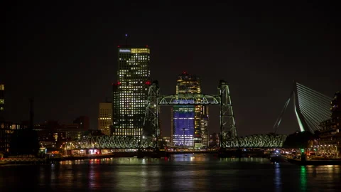 Rotterdam Waterfront Timelapse: Bridge, River &amp; Cityscape at Clear Autumn Night Video stock 241183814