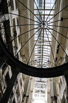 Rotunda in the main hall with elevators of a dilapidated abandoned hotel Stock Photos