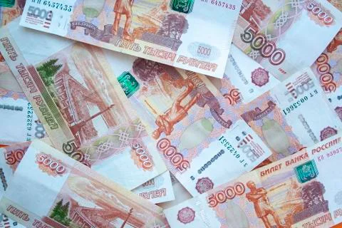 Rouble 5000 banknotes background top view. Stock Photos