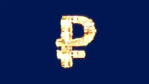 Rouble sign, technological burning orange cyberpunk font on blue screen イラスト素材