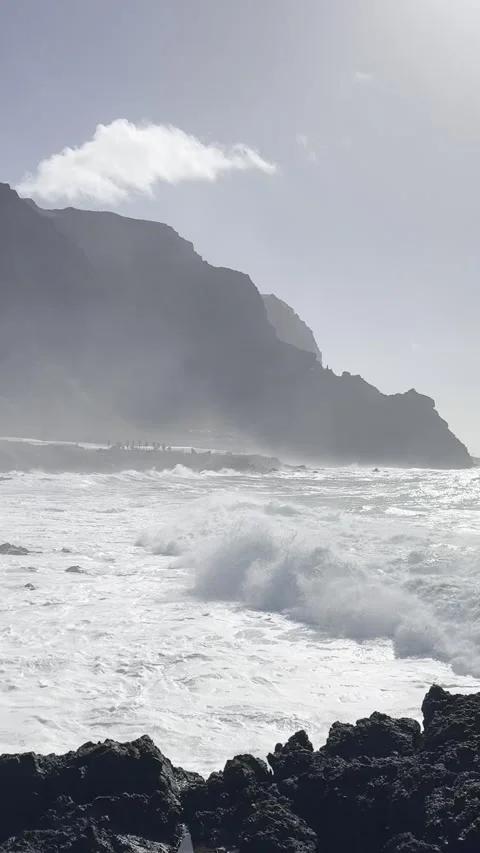 Rough Atlantic Ocean and volcanic shore by Buenavista del Norte in Tenerife Stock Footage 311486630