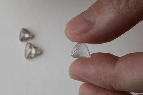 Rough diamond close up in the process of evaluation by diamond expert. Stock Photos