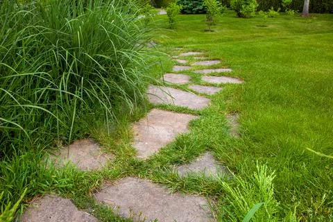 Rough different shapes of neutral stone path paved in green backyard lawn. Stock Photos
