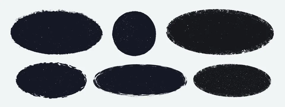 Rough edges oval vector shapes. Grunge black vintage oval paint stain silhouette Ilustración de archivo