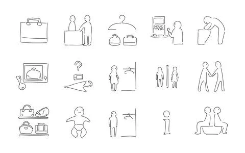 Rough handwritten icon set: vector illustration of changing room, toilet, Illustrazione stock