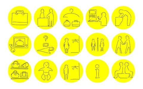 Rough handwritten icon set: vector illustration of changing room, toilet, Illustrazione stock