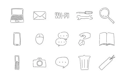 Rough handwritten icon set: vector illustration of computer and speech 스톡 일러스트