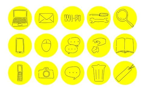 Rough handwritten icon set: vector illustration of computer and speech Illustrazione stock
