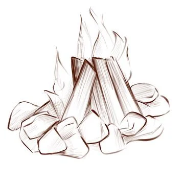 Rough hatching vintage drawing of the burning firewood. Simple flat brown イラスト素材