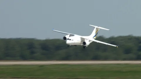 Rough landing of the Ukrainian short-range narrow-body aircraft An-148. Stock Footage 106967721