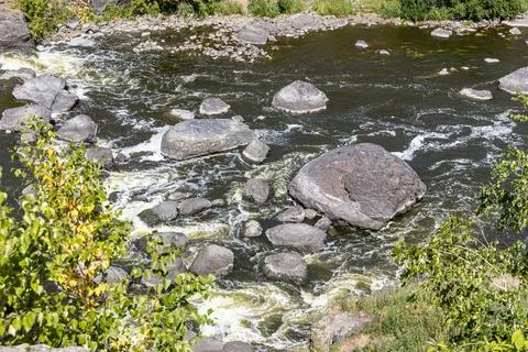 Rough mountain river flows among stones and trees in summer day Stock Photos