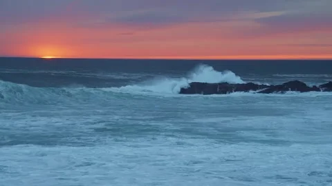 Rough Ocean Waves Crashing at Sunset in Iceland Stock Footage 320202292