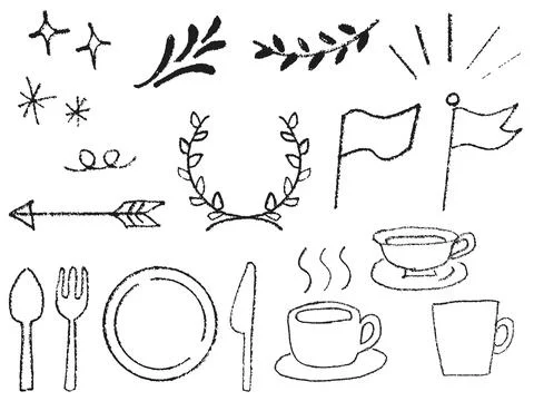 Rough pencil-drawn fork, knife, and kitchen decoration set. Hand-drawn warm.. Stock Illustration