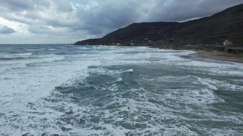 Rough sea waves along the coastline, aerial view, Crete Stock Footage 346723838