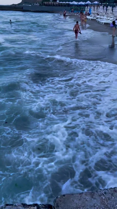 Rough Sea Waves Crashing on Sandy Beach in Odesa, Ukraine Stock Footage 339765018