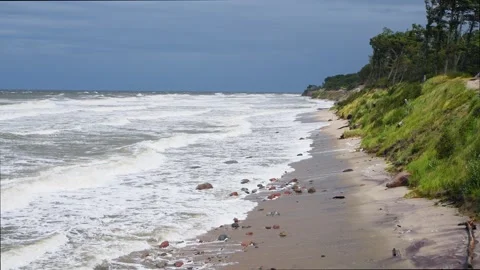Rough sea waves hitting rocky sandy shore with dense green vegetation under.. Stock Footage 339573990