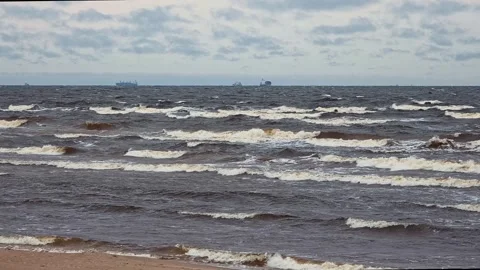 Rough Sea Waves With Ships On Distant Horizon Stock Footage 331571782