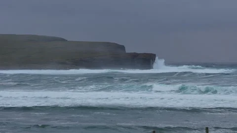 Rough seas at the hole of row in Skaill bay, Orkney in 4k Stock Footage 289677761