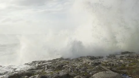 Rough Seas, Waves Breaking On Rocks - Wave Splashing Rocks Coast Sea Spray Foam Stock Footage 139407430