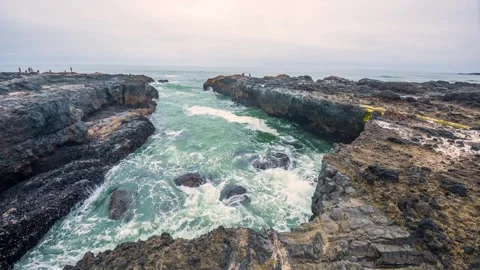 Rough Waves Churning in Devil's Chasm at Cape Perpetua, Oregon Coast, USA Stock Footage 326713634