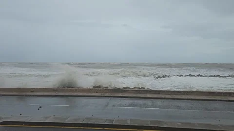 Rough Waves Crashing Beyond Seafront Road, Cartagena, Colombia 8K Stock Footage 331504313