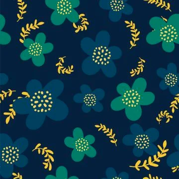 Roughly drawn spring flowers. Abstract seamless pattern. dark blue Universal  Illustrazione stock