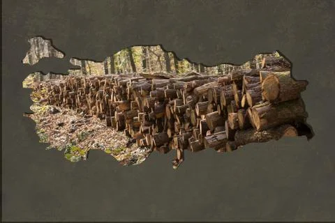 Roughly outlined map of Turkey with cut log loads filling Stock Illustration