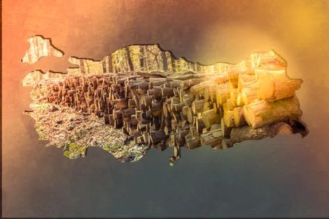 Roughly outlined map of Turkey with cut log loads filling Foto stock