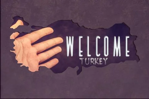 Roughly outlined map of Turkey with hand and welcome label Stock Photos